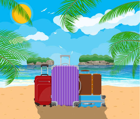 Modern and vintage travel bag on beach. Landscape of palm tree and island. Sun with reflection in water and clouds.Vacation and holidays. Vector illustration in flat styleのイラスト素材
