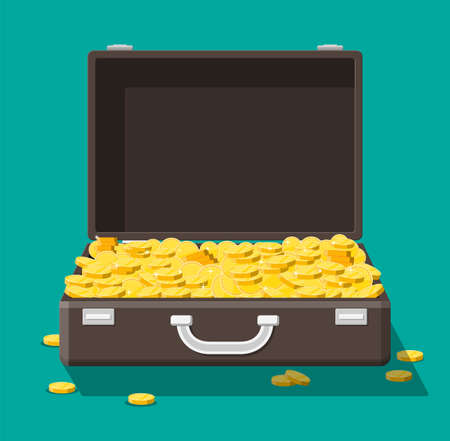 Open leather suitcase full of money. Stacks of gold coins in case. Symbol of wealth. Business success, treasures. Flat style vector illustration.のイラスト素材