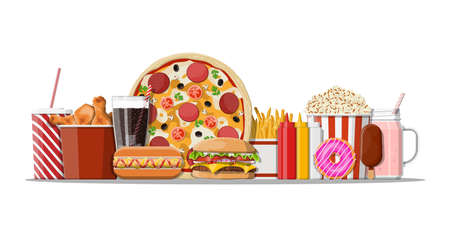 Fast food icons set. Burger, pizza, hotdog, fried chicken, fries, popcorn, donut, milk cocktail cola soda, ice cream, paper glass and bottles with sauces. Fastfood. Vector illustration in flat styleのイラスト素材