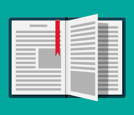 Open book with an upside down page and bookmark.のイラスト素材