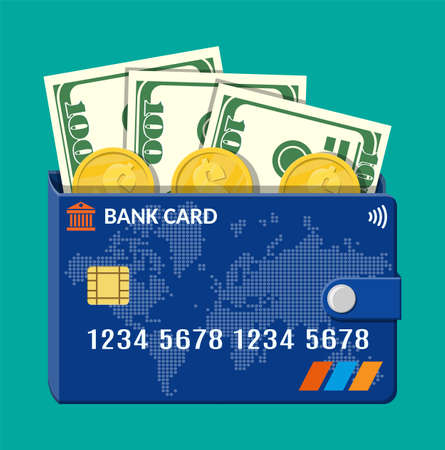 Bank card wallet with dollar banknotes and coinsのイラスト素材