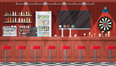 Drinking establishment. Interior of pub, cafe or bar. Bar counter, chairs and shelves with alcohol bottles. Glasses, tv, dart, fridge and lamp. Wooden decor. Vector illustration in flat style.のイラスト素材
