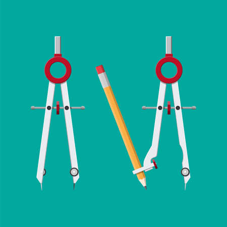 Metalic drawing compass. Divider caliper with attached pencil for office supply, school, stationery. Office and education equipment. Vector illustration in flat styleのイラスト素材