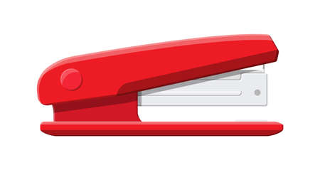 Red plastic stapler. Device for fastening sheets. Office and school equipment, stationery. Vector illustration in flat styleのイラスト素材