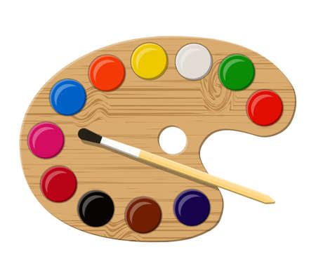 Wooden art palette with paints and brushのイラスト素材