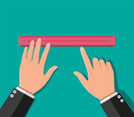 Plastic measuring ruler in hand. Tools for education and work. Stationery and office supply. Vector illustration in flat styleのイラスト素材