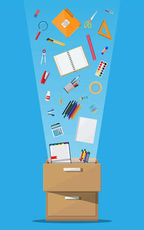 Office accessories in wooden drawer. Book, notebook, ruler, knife, folder, pencil, pen, calculator scissors paint tape file. Office supply stationery and education. Vector illustration flat styleのイラスト素材
