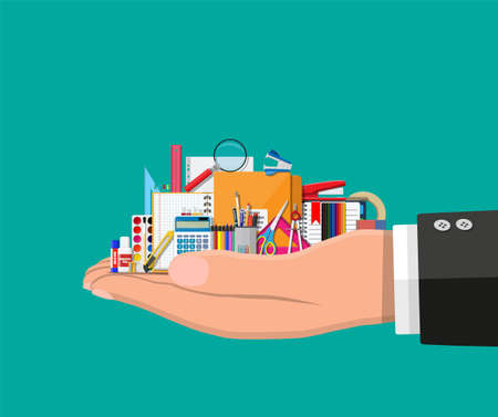 Stationery items in hand. Book, notebook, ruler, knife, folder, pencil, pen, calculator, scissors, paint tape file Office supply school Office and education equipment Vector illustration flat styleのイラスト素材