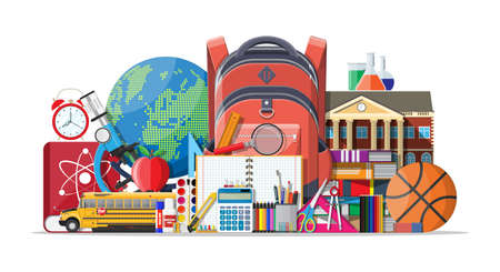 Big school set. Different school supplies, stationery. Note globe paint pencil pen calculator backpack clock scissors ball apple building schoolbus ruler atom. Vector illustration in flat styleのイラスト素材