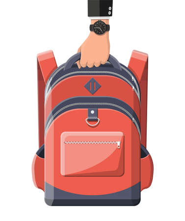 Colorful school backpack in hand. Back to school. Rucksack for school, study, travel, hiking and work. Haversack, knapsack. Schoolbag, luggage and baggage. Vector illustration in flat styleの写真素材