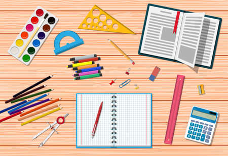 Students wooden desk. School or college education items, studying and educational elements. Note ruler pencil pen book calculator paint eraser sharpener. Back to school. Vector illustration flat styleのイラスト素材