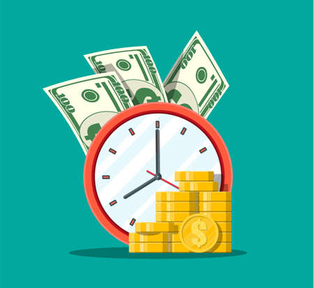 Clock, dollar banknotes and golden coins. Annual revenue, financial investment, savings, bank deposit, future income, money benefit. Time is money concept. Vector illustration in flat styleのイラスト素材