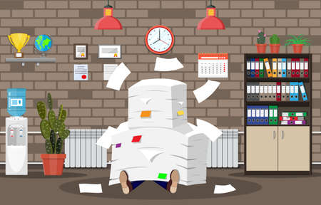 Stressed businessman under pile of office papers and documents. Office building interior. Office documents heap. Routine, bureaucracy, big data, paperwork, office. Vector illustration in flat styleのイラスト素材