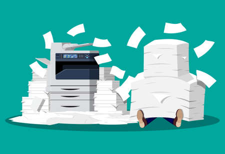 Businessman in pile of papers. Office multifunction machine. Bureaucracy, paperwork, overwork,...