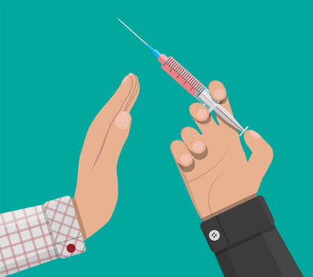 Hand of the drug dealer gives syringe with drug to other hand. Anti-drug concept. Rejection. Vector illustration in flat styleのイラスト素材