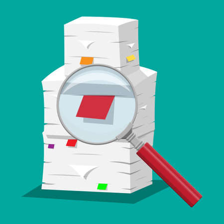Pile of papers. Office documents heap and magnifying glass. Routine, bureaucracy, paperwork, big data, repository, archive, search, office. Vector illustration in flat styleのイラスト素材