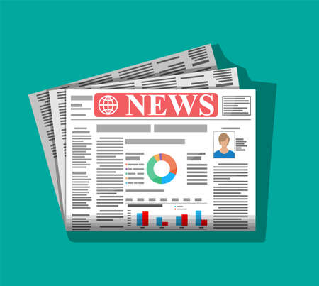 Daily newspaper in color. News journal design. Pages with various headlines, images, quotes, text and articles. Media, journalism and press. Vector illustration in flat style.のイラスト素材