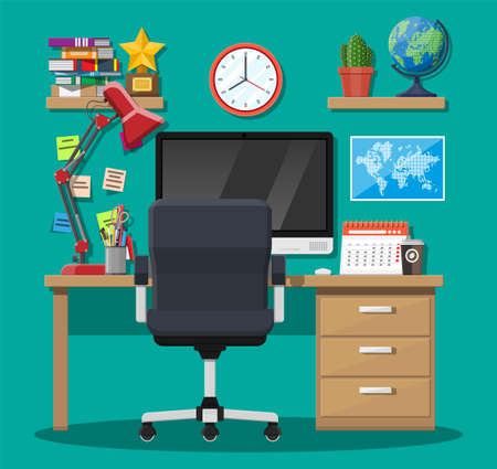 Modern creative office or home workspace. Workplace with computer, desk, chair, lamp, clock, books, coffee, calendar stationery. Desk with business elements. Vector illustration in flat styleのイラスト素材