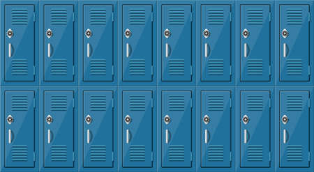 Blue metal cabinets. Lockers in school or gym with silver handles and locks. Safe box with doors, cupboard, compartment. Vector illustration in flat styleのイラスト素材