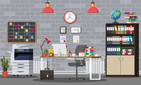 Office building interior. Desk with computer, chair, lamp, books and document papers. Drawer, tree, clocks, calendar, printer. Modern business workplace Vector illustration in flat styleのイラスト素材