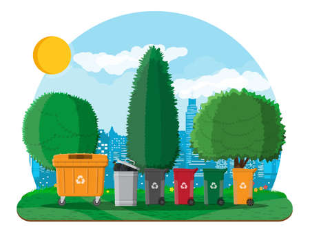 Ecological lifestyle concept. Can container, bag and bucket for garbage. Recycling and utilization...