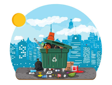 Plastic garbage bin full of trash. Overflowing garbage, food, rotten fruit, papers, containers and...