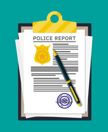 Clipboard with police report and pen. Report sheet with gold police badge. Legal fine document and stack of papers with stamp. Vector illustration in flat styleのイラスト素材