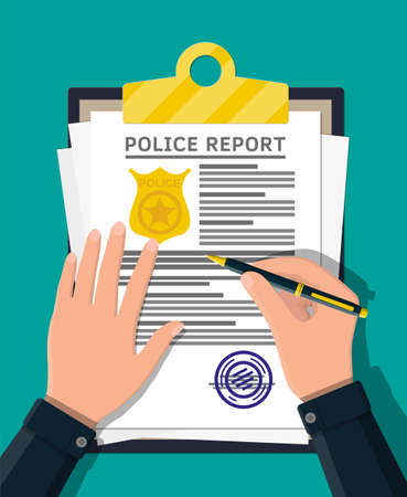 Clipboard with police report and pen in hand. Report sheet with gold police badge. Legal fine document and stack of papers with stamp. Vector illustration in flat styleのイラスト素材