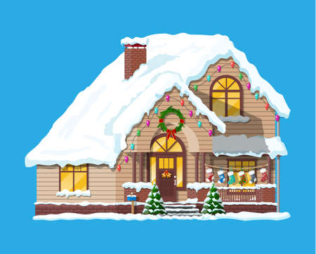 Suburban house covered snow. Building in holiday ornament. Christmas tree spruce, wreath. Happy new year decoration. Merry christmas holiday. New year and xmas celebration. Vector illustrationのイラスト素材