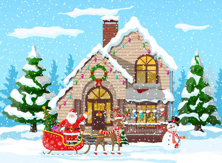 Suburban house covered snow. Building in holiday ornament. Christmas landscape tree, snowman, santa sleigh reindeers. New year decoration. Merry christmas holiday xmas celebration. Vector illustrationのイラスト素材