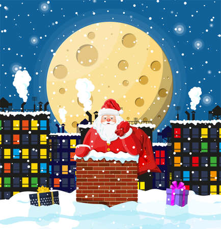 Santa claus with bag with gifts in house chimney, gift boxes in snow. Happy new year decoration. Merry christmas eve holiday. New year and xmas celebration. Vector illustration in flat styleのイラスト素材