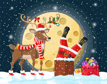 Santa claus with bag with gifts stuck in house chimney, gift boxes in snow, reindeer. Happy new year decoration. Merry christmas eve holiday. New year xmas celebration. Vector illustration flat styleのイラスト素材