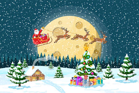 Suburban house covered snow. Building in holiday ornament. Christmas landscape tree, santa sleigh reindeers. New year decoration. Merry christmas holiday xmas celebration. Vector illustrationのイラスト素材