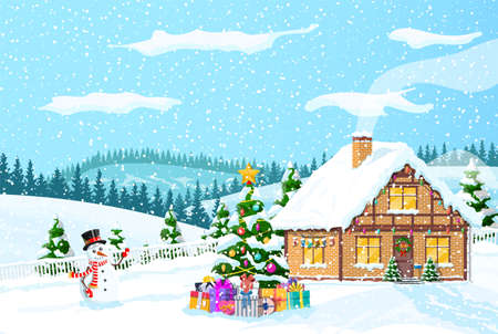 Suburban house covered snow. Building in holiday ornament. Christmas landscape tree spruce, snowman. Happy new year decoration. Merry christmas holiday. New year xmas celebration. Vector illustrationのイラスト素材