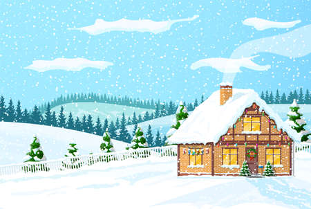 Suburban house covered snow. Building in holiday ornament. Christmas landscape tree spruce, fence. Happy new year decoration. Merry christmas holiday. New year xmas celebration. Vector illustrationのイラスト素材