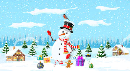 Winter christmas background. Snowman, gifts, pine tree and snow. Winter landscape with fir trees forest and village. Happy new year celebration. New year xmas holiday. Vector illustration flat styleのイラスト素材