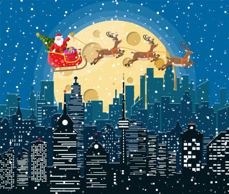 Santa claus rides reindeer sleigh. Christmas winter cityscape, snowflakes, buildings. Happy new year decoration. Merry christmas holiday. New year and xmas celebration. Vector illustration flat styleのイラスト素材