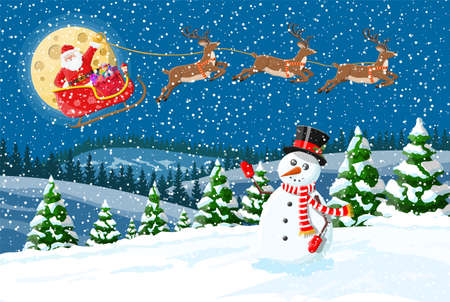 Winter christmas background. Snowman, pine tree and snow. Winter landscape with fir trees forest and snowing. Happy new year celebration. New year xmas holiday. Vector illustration flat styleのイラスト素材