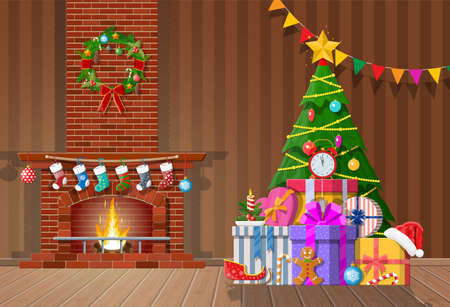 Christmas interior of room with tree, gifts and decorated fireplace. Happy new year decoration. Merry christmas holiday. New year and xmas celebration. Vector illustration flat styleのイラスト素材