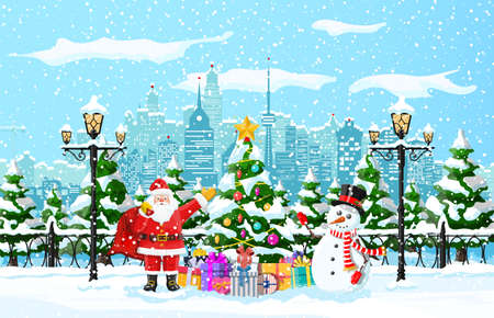 Santa claus with snowman. Christmas winter cityscape, snowflakes and trees. Happy new year decoration. Merry christmas holiday. New year and xmas celebration. Vector illustration flat styleのイラスト素材