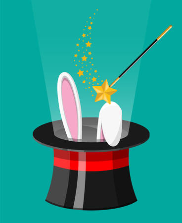 Magic hat with easter bunny ears and wizard wand. Illusionist hat with rabbit and stick. Circus, magical show, comedy. Vector illustration in flat styleのイラスト素材