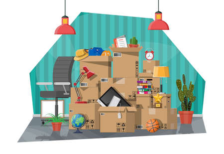 Moving to new house. Family relocated to new home. Paper cardboard boxes with various household thing. Package for transportation. Computer, lamp, clothes, books. Vector illustration in flat styleのイラスト素材