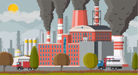 Plant smoking pipes. Smog in city. Trash emission from factory. Grey sky polluted trees grass. Cityscape skyline, urban. Environmental pollution ecology nature. Vector illustration flat styleのイラスト素材