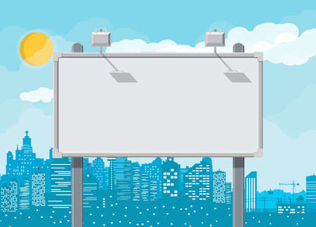 Empty urban big board or billboard with lamp. Blank mockup. Marketing and advertisement. Cityscape background with buildings, sky and clouds. Vector illustration in flat styleのイラスト素材