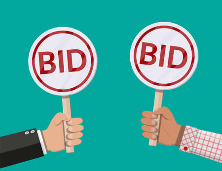 Hands holding auction paddle. Bid plate. Auction competition. Vector illustration in flat styleのイラスト素材