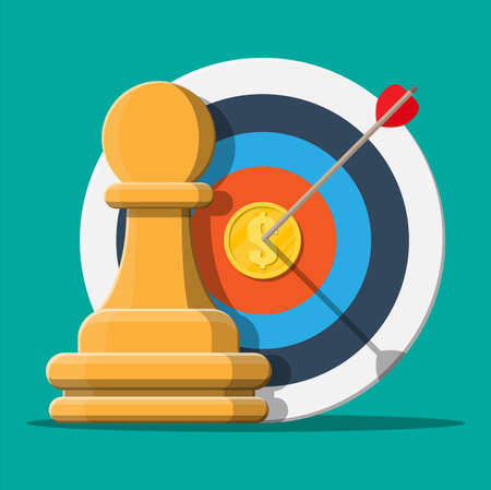 Target with arrow and gold coin, chess pawn. Goal setting. Smart goal. Business target concept. Achievement and success. Vector illustration in flat styleのイラスト素材