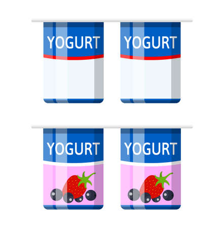 Plastic container with yogurt. Strawberry black currant yogurt dessert. Food plastic glass. Milk product. Organic healthy product. Vector illustration in flat styleのイラスト素材