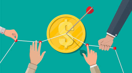 Hand of businessman pointing to the arrow from coin target. Goal setting. Smart goal. Business target concept. Achievement and success. Vector illustration in flat styleのイラスト素材