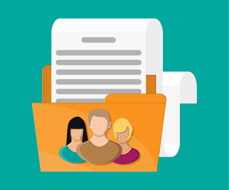 Personal yellow folder with document paper roll. People avatar face symbol inside. Ring binder full of business papers. Auditing, tax process, accounting concept. Vector illustration in flat styleのイラスト素材