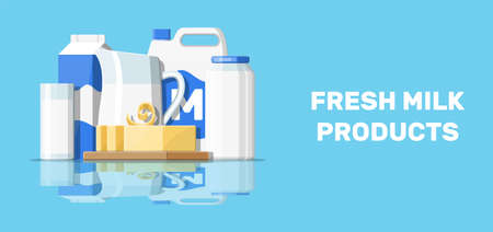 Milk products set with cheese, cottage and butter. Dairy food. Tradicional fresh farm products. Vector illustration in flat styleのイラスト素材